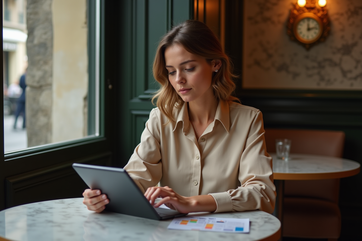 Analyste financier femme dans un café à Lyon