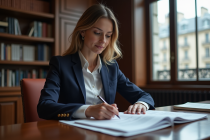 Femme avocate en costume examinant des documents juridiques