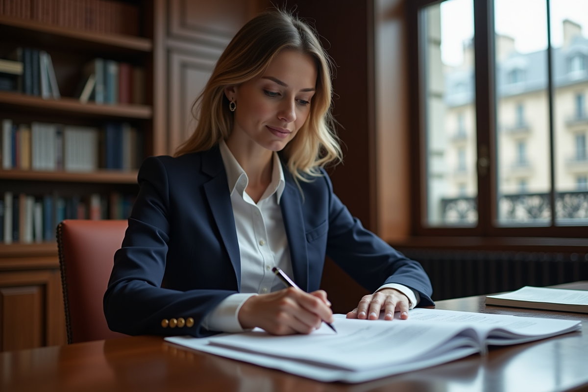 Femme avocate en costume examinant des documents juridiques