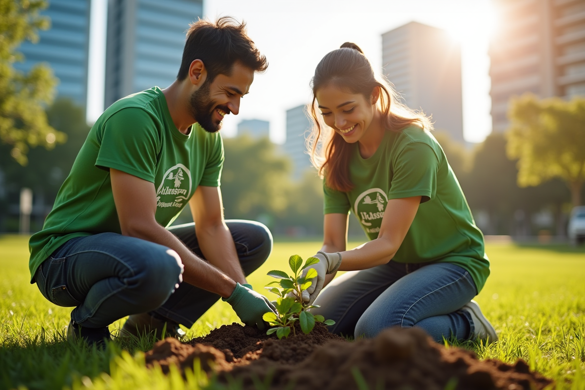 Bénévoles plantant des arbres dans un parc urbain ensoleillé