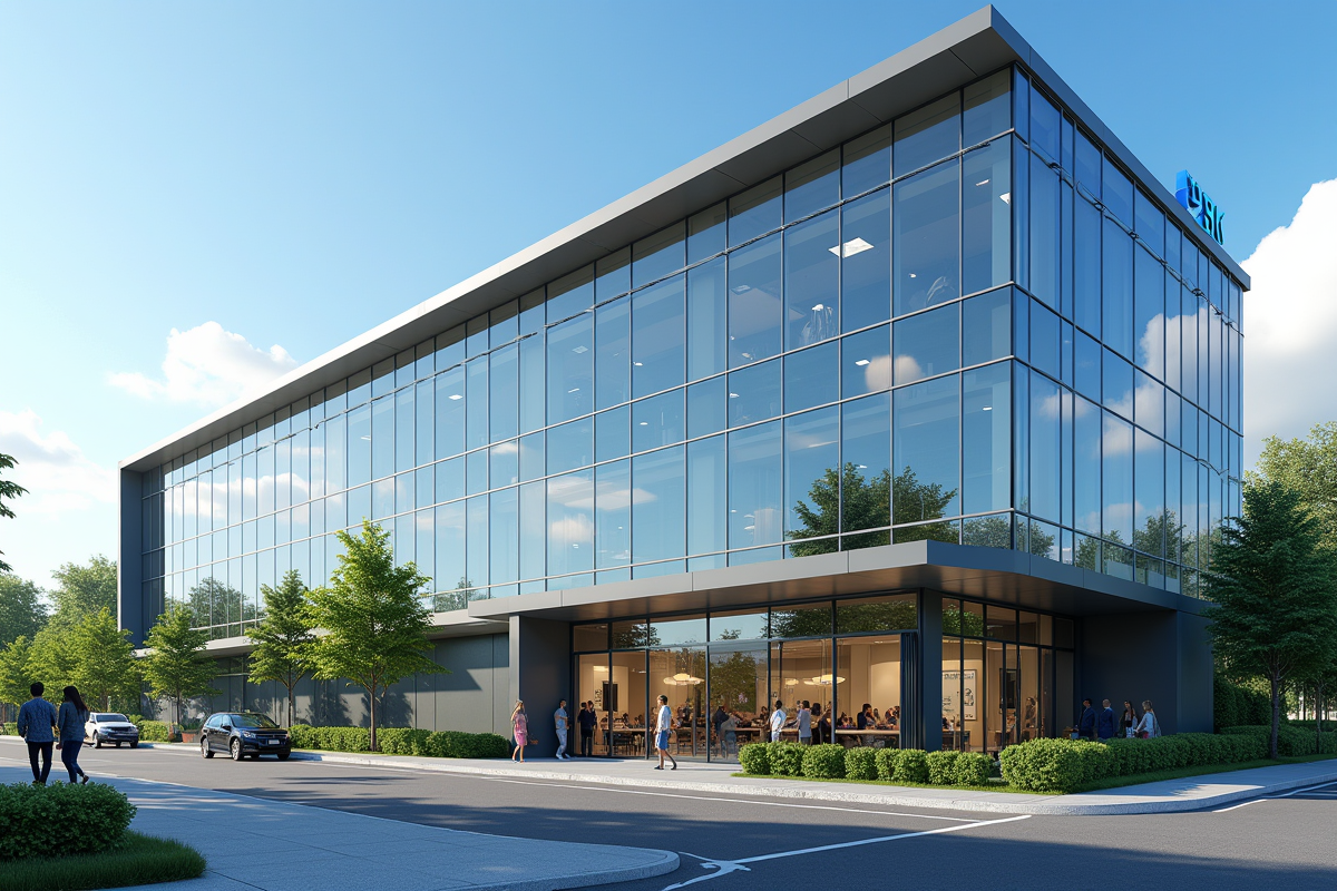 Bâtiment moderne de Vistaprint avec façade vitrée et employés