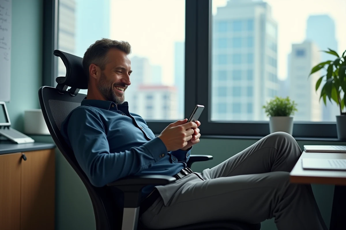 Cadre d'entreprise souriant en consultant son téléphone dans un bureau privé avec vue sur la ville, symbole de légèreté au travail