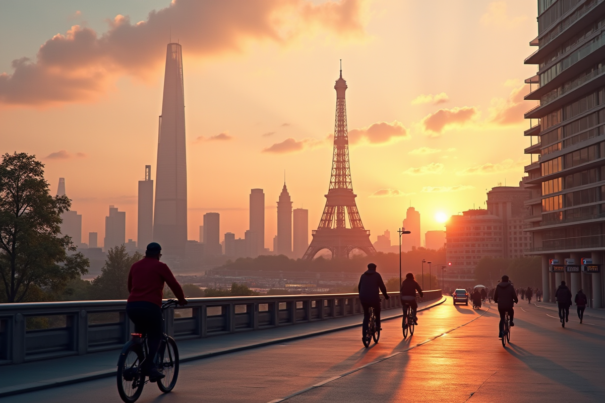 Ciel futuriste de Paris au coucher du soleil avec bâtiments modernes et monuments historiques