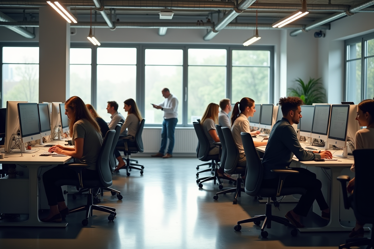 Groupe de collègues travaillant dans un bureau moderne en France