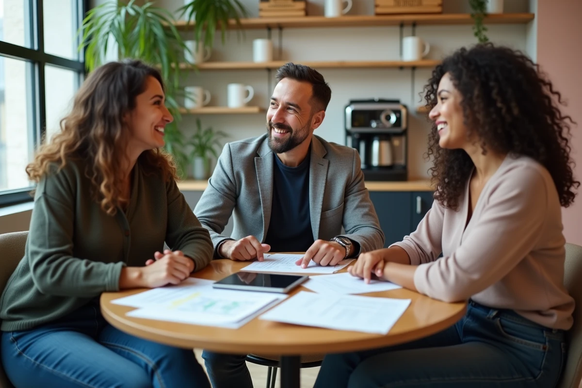 Groupe de collègues riant ensemble autour d'une table dans une salle de pause d'entreprise, illustrant la bonne humeur collective au travail