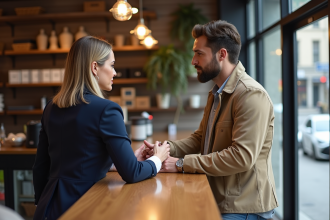 Femme commerçante en blazer navy échange avec client en boutique