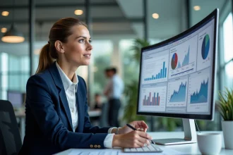 Commerciale analysant un tableau de bord CRM sur écran incurvé dans un bureau moderne en open space