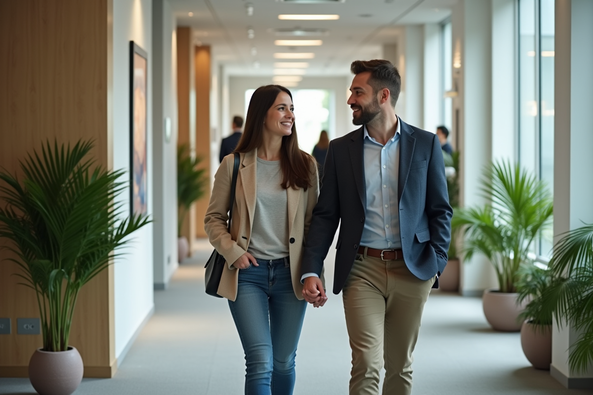 Femme discutant avec un mentor dans un couloir lumineux