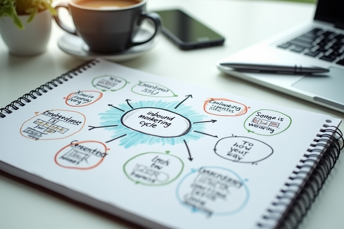Croquis d un cycle marketing avec carnet et accessoires sur un bureau lumineux