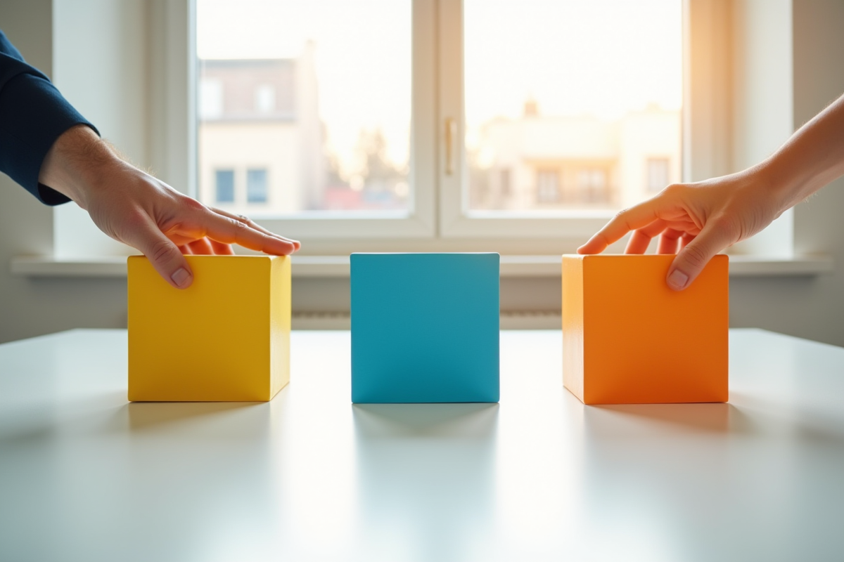 Trois cubes colorés avec des clés du service client sur une table blanche
