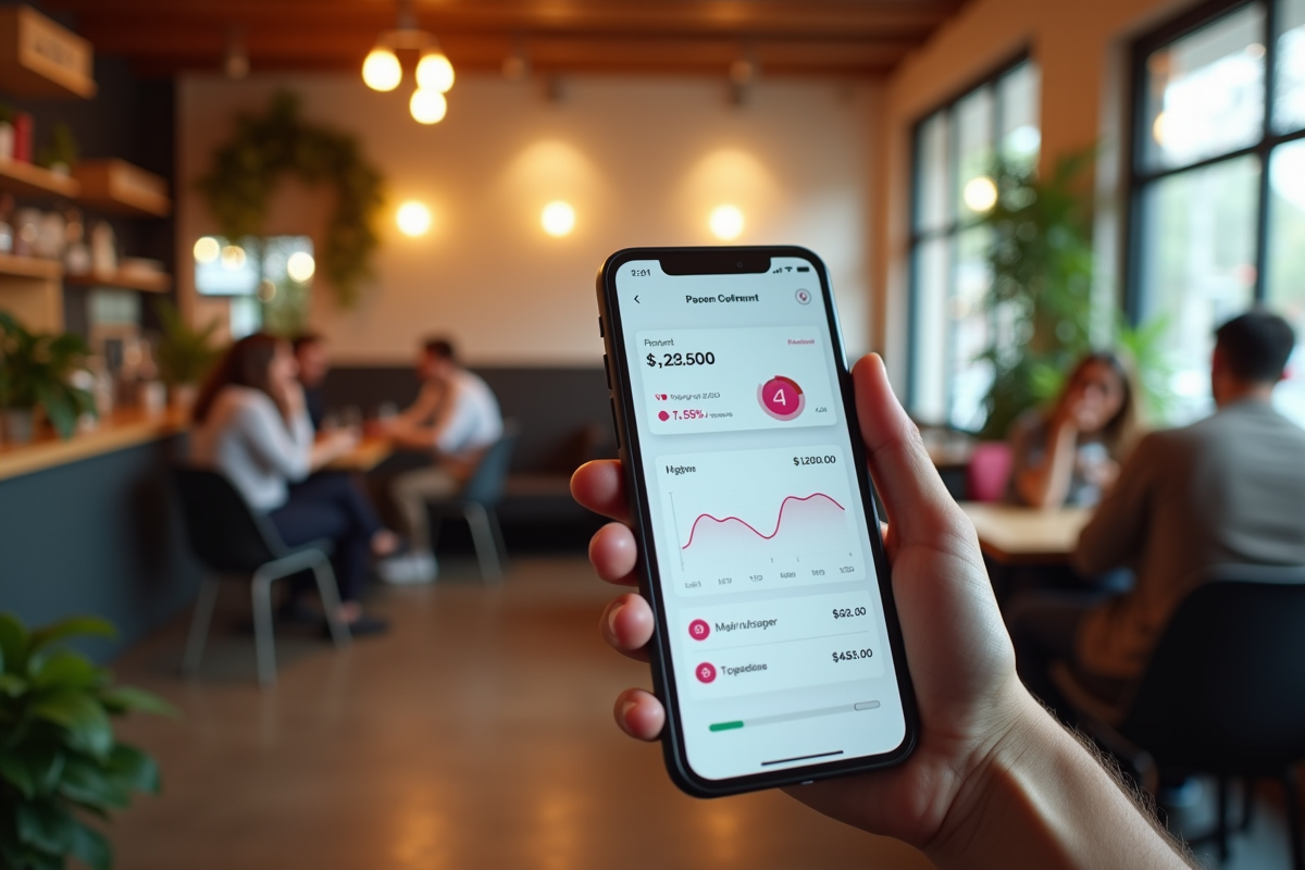 Main tenant un smartphone avec tableau de bord publicitaire