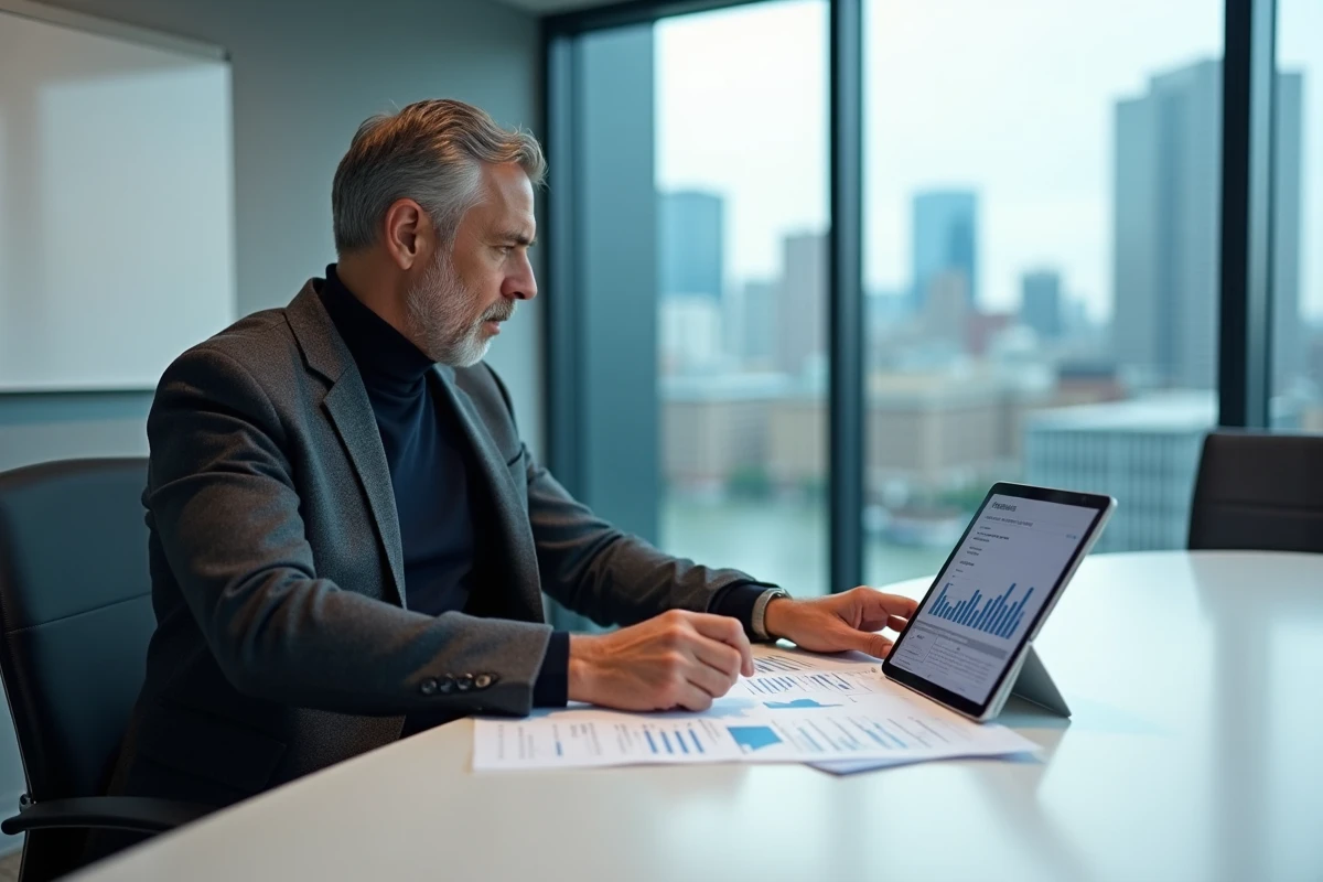 Directeur commercial analysant des rapports de suivi client imprimés et un pipeline sur tablette en salle de réunion