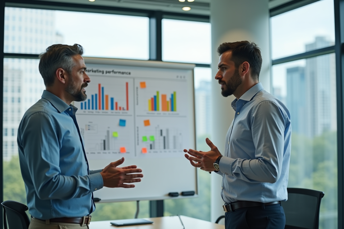 Deux hommes discutant performance marketing devant un tableau blanc