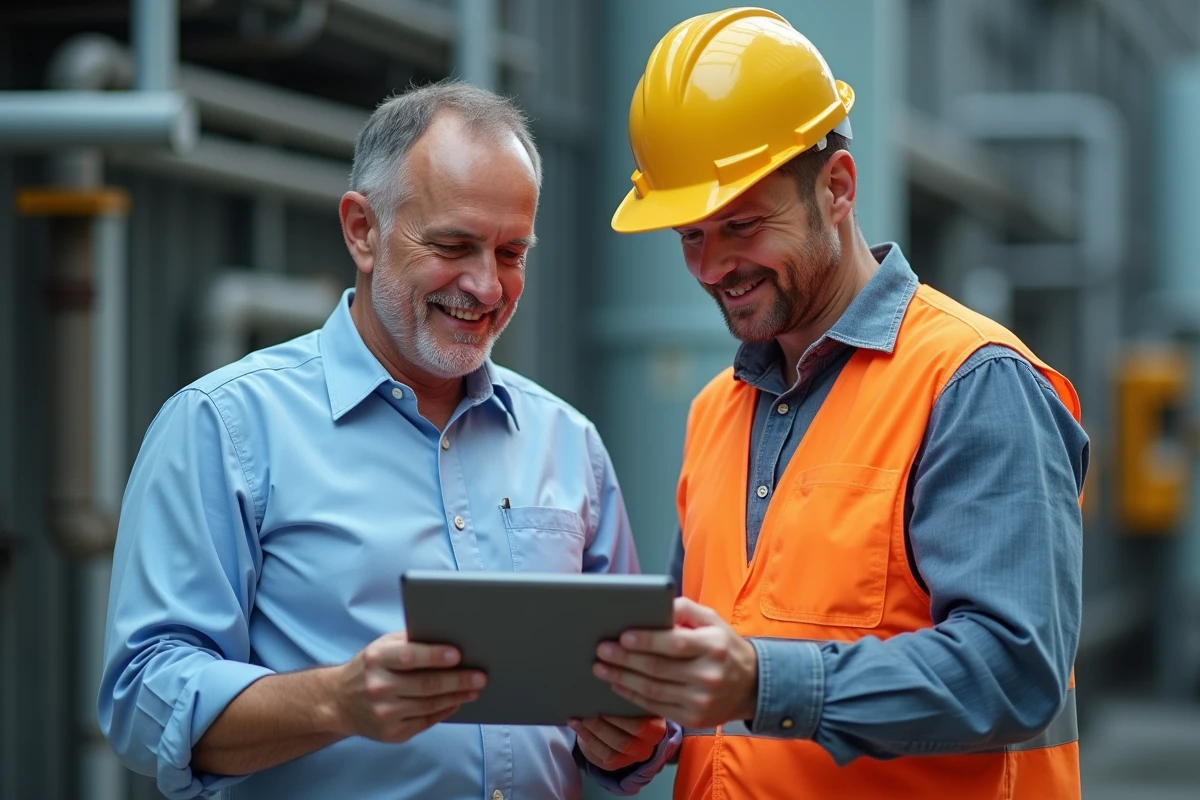 Deux hommes discutant avec une tablette devant une usine industrielle