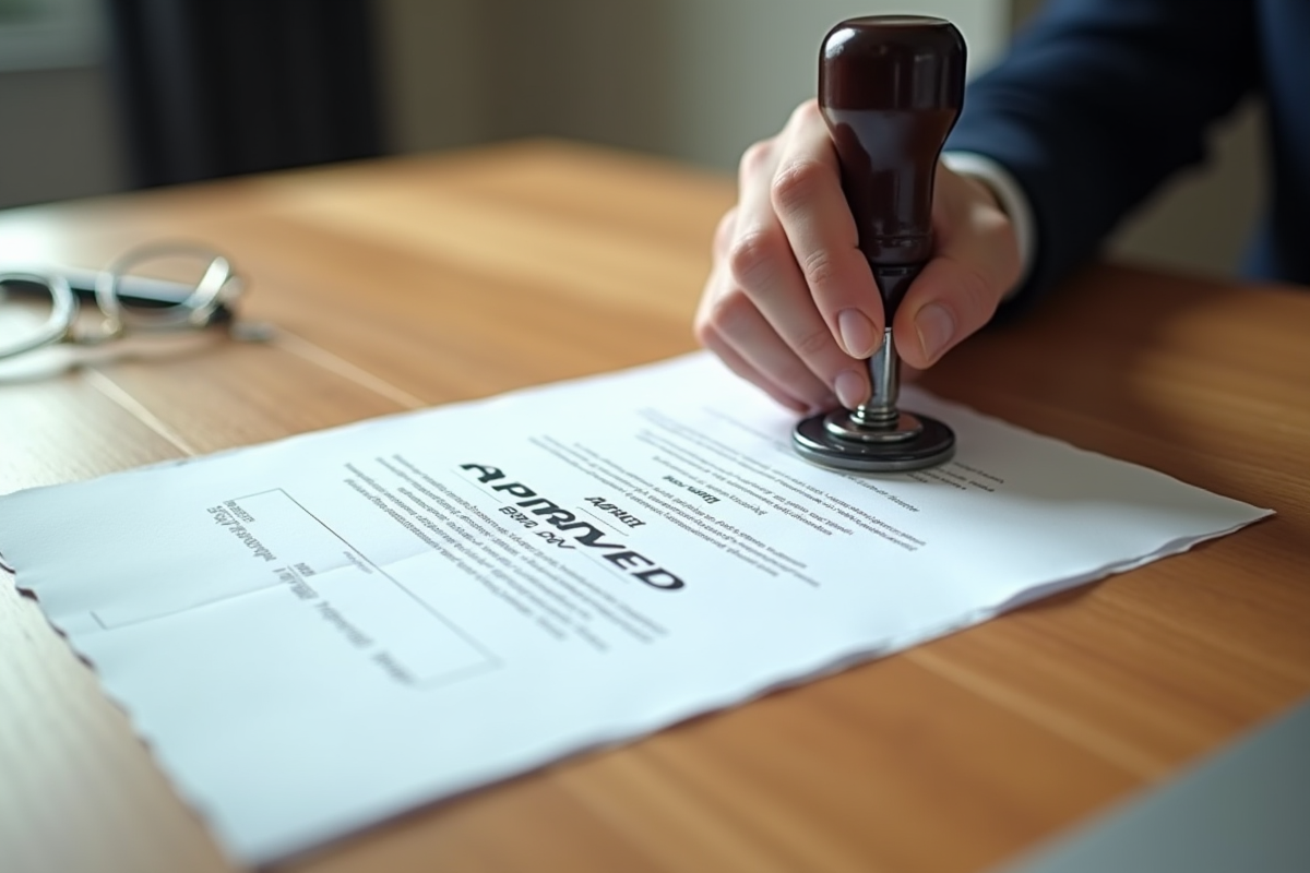 Document légal approuvé sur un bureau en bois avec lumière naturelle