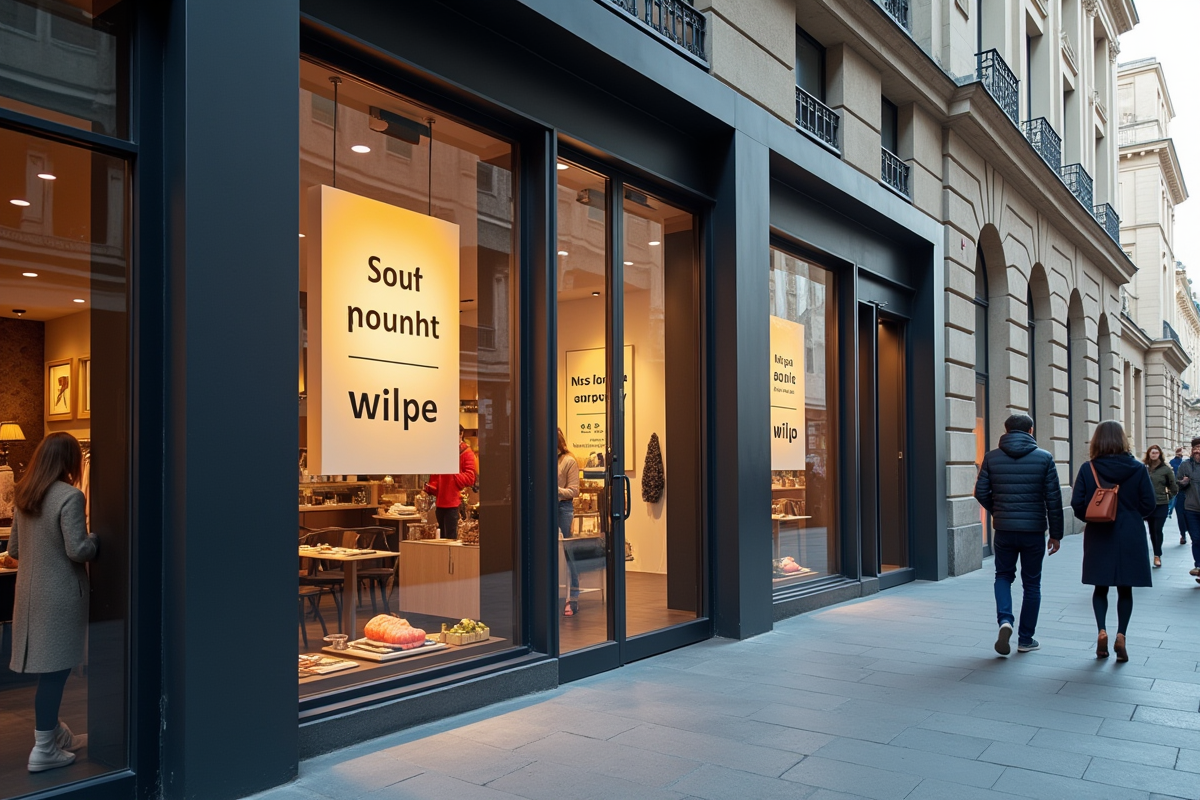 Vitrine de magasin avec panneaux bilingues français anglais en ville