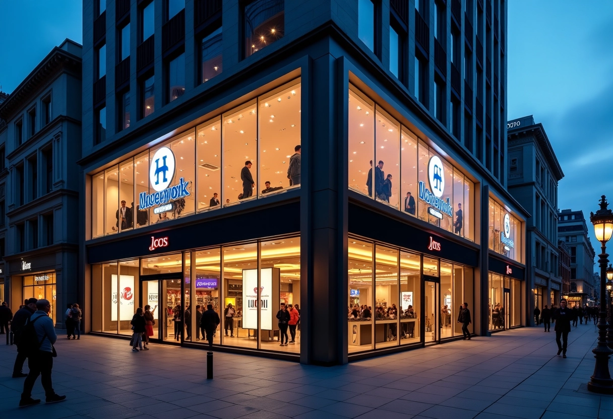 Vitrine élégante avec logos de marques célèbres au crépuscule