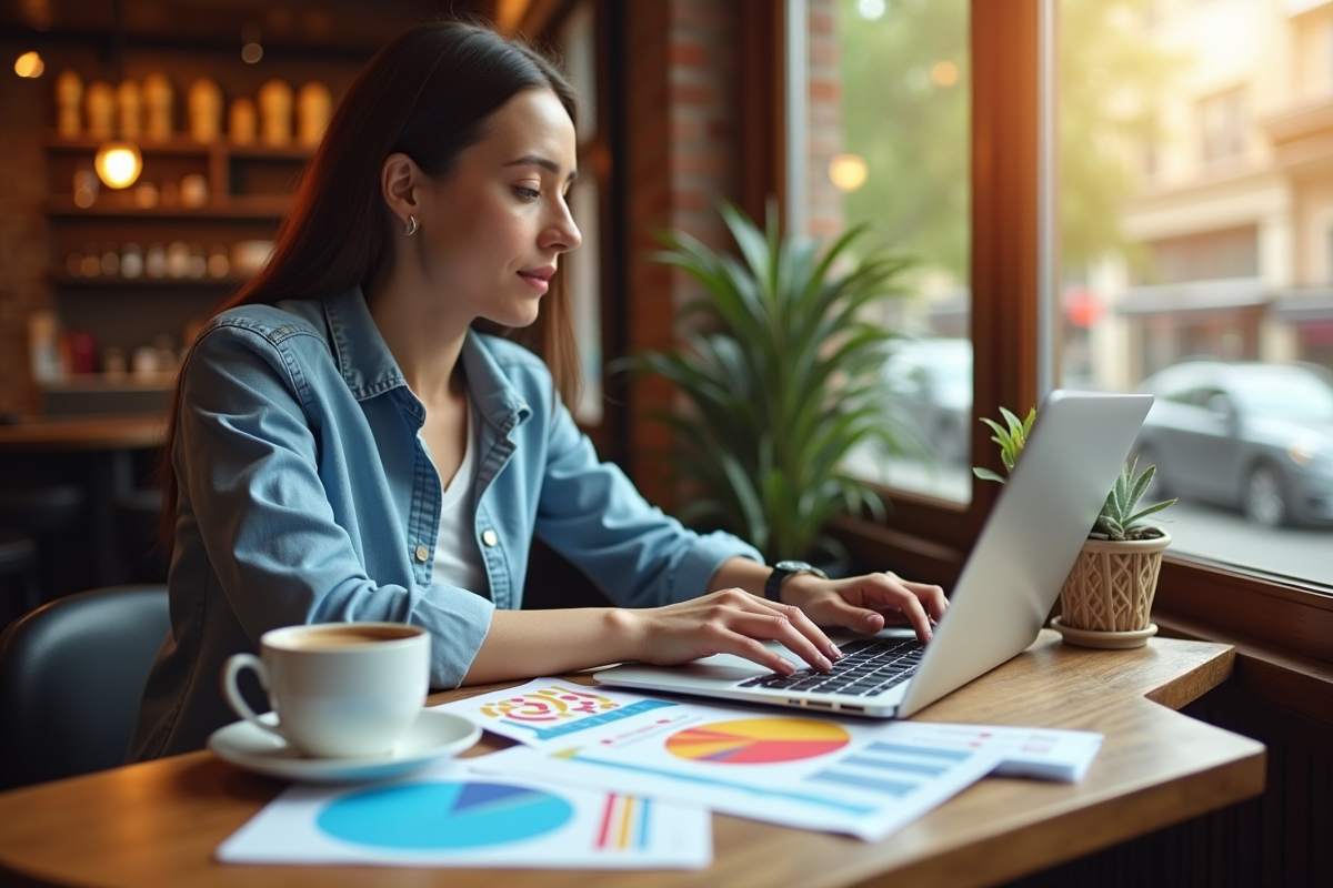 Entrepreneur analysant des données démographiques au café