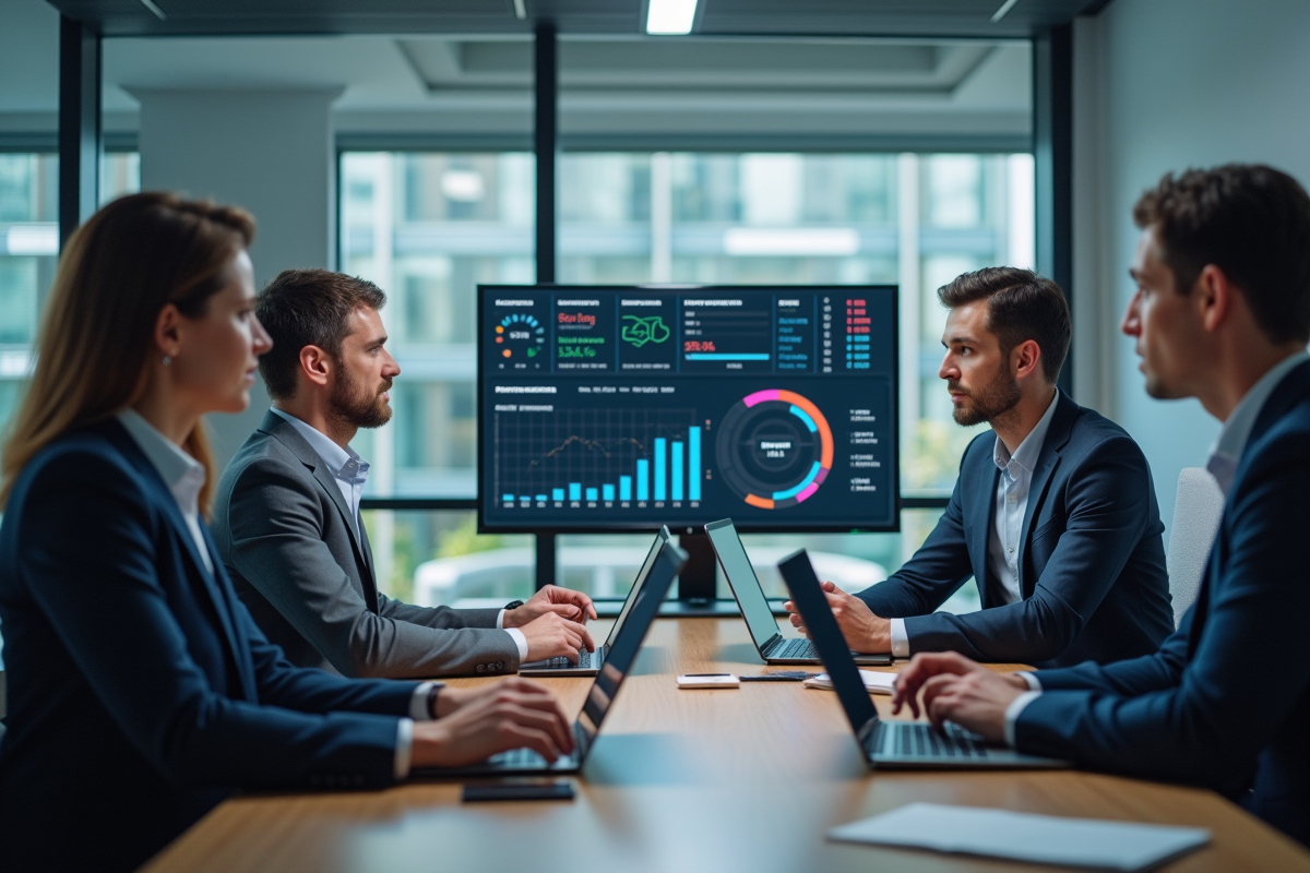 Professionnels analysant des graphiques et tableaux dans un bureau lumineux