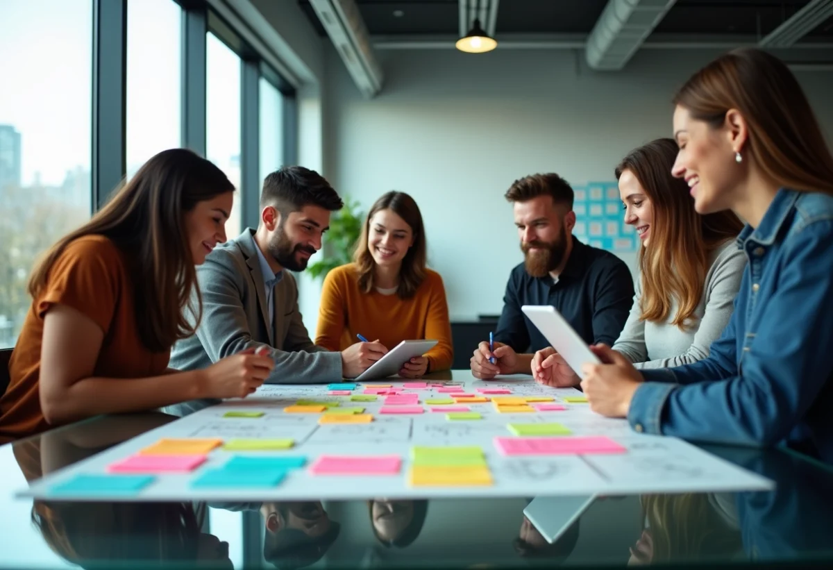Équipe diversifiée en réunion dans un bureau moderne pour stratégie marketing