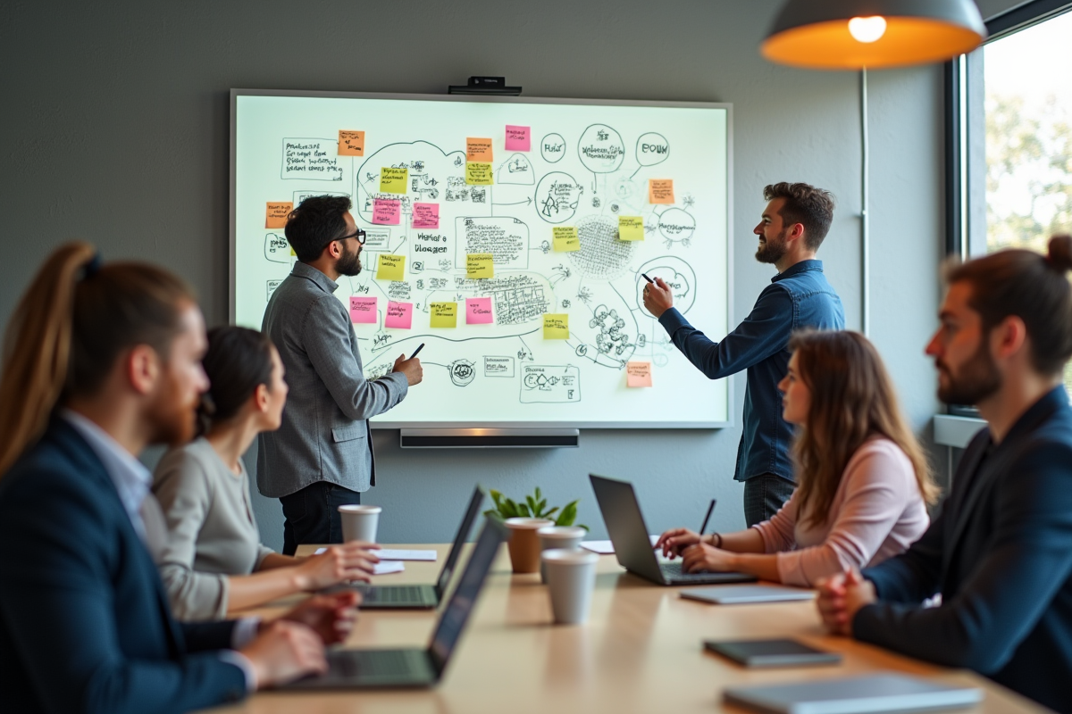 Equipe créative brainstorming idées marketing dans un bureau lumineux