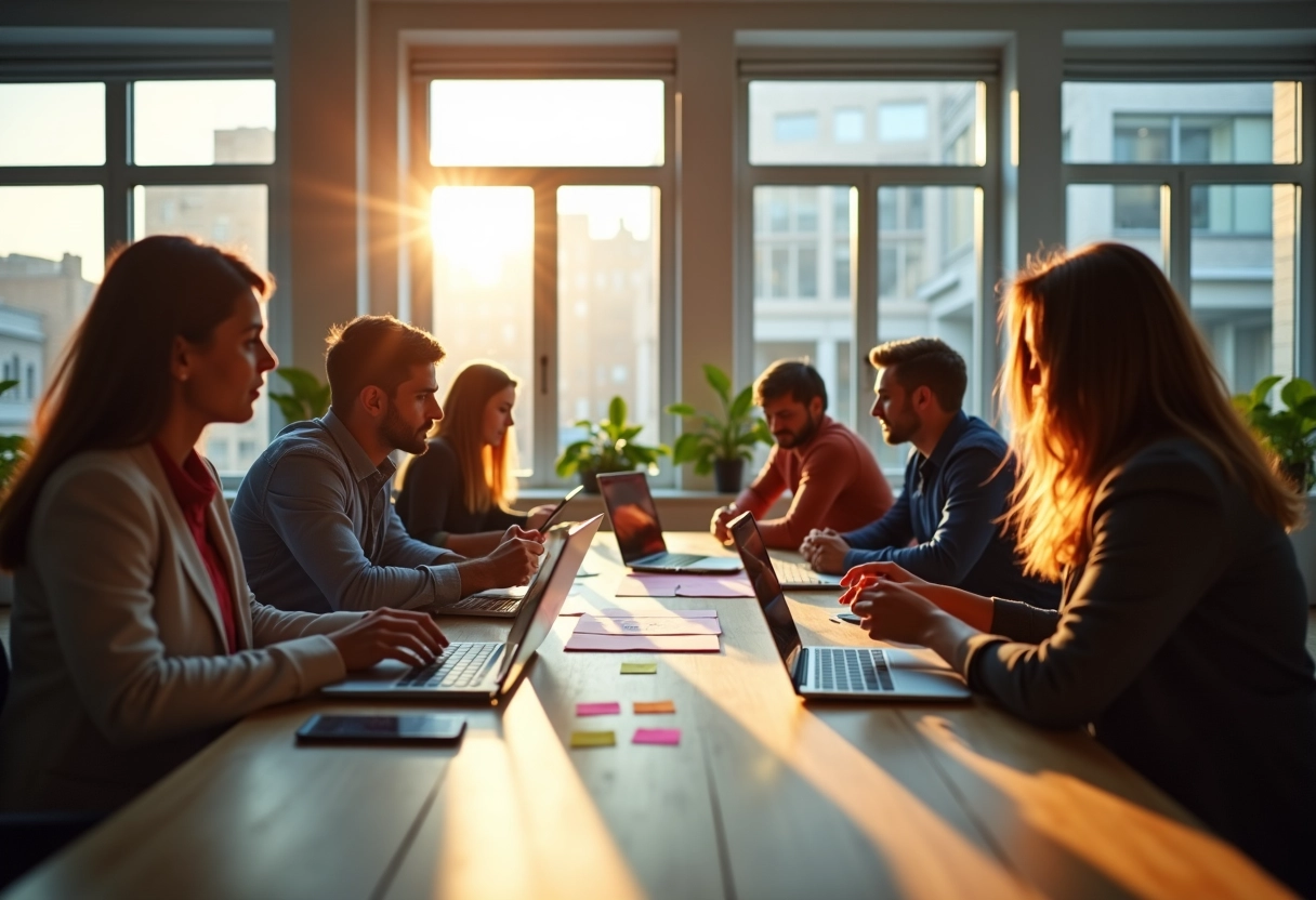 Groupe de personnes en brainstorming dans un espace de travail créatif