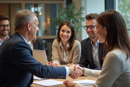 Groupe de professionnels accueillant un nouveau coll&egrave;gue