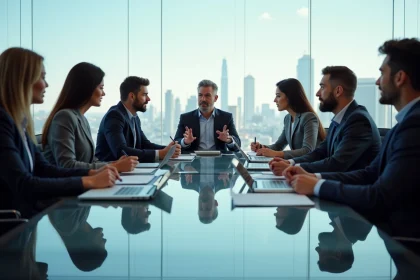 Groupe de professionnels en r&eacute;union dans un bureau moderne