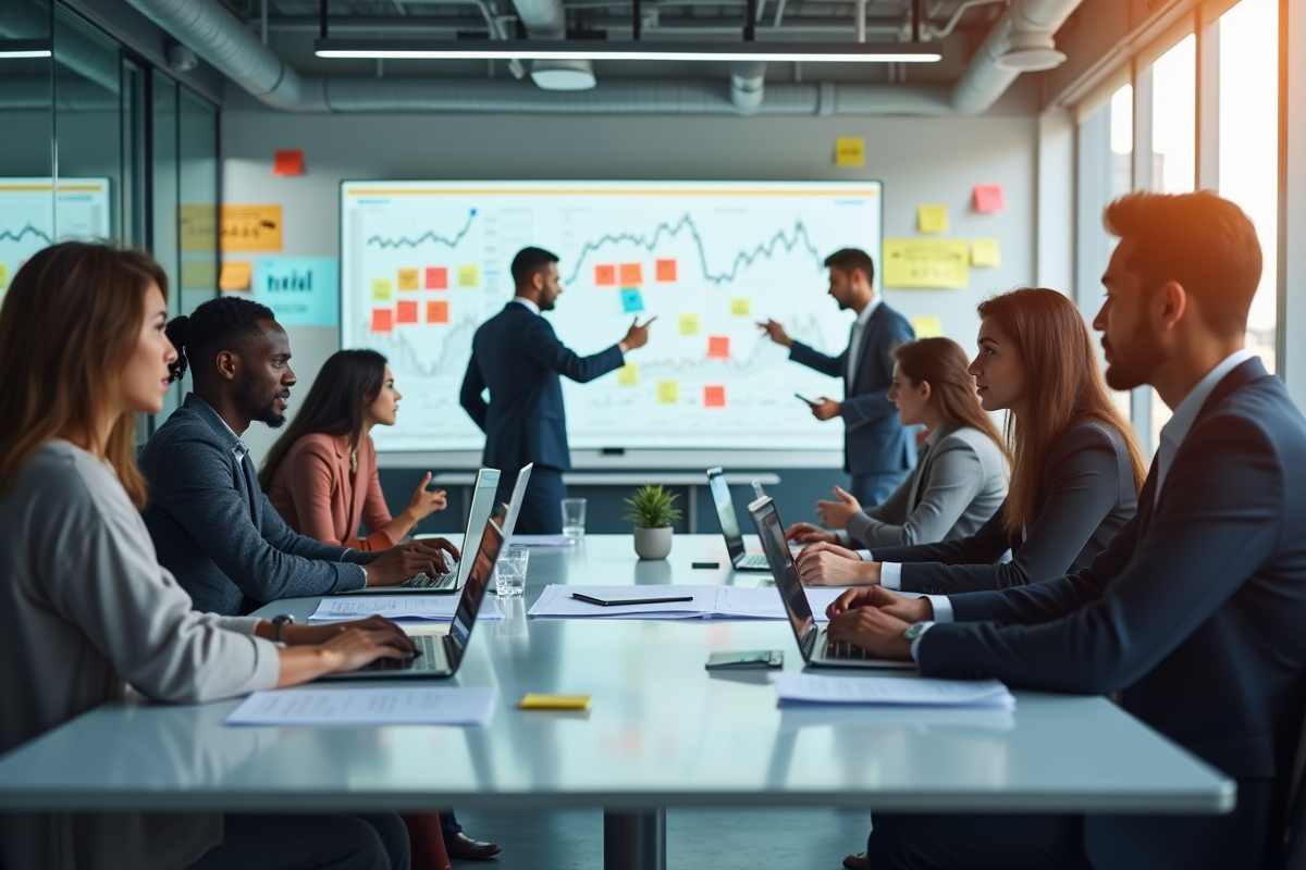 Equipe diversifiee en réunion dans un bureau moderne