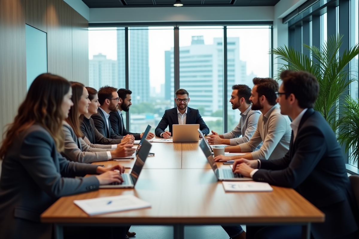 Groupe de professionnels en réunion dans un bureau moderne