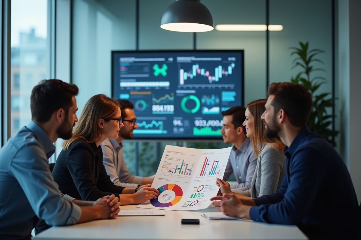 Equipe marketing en réunion avec circulaire colorée