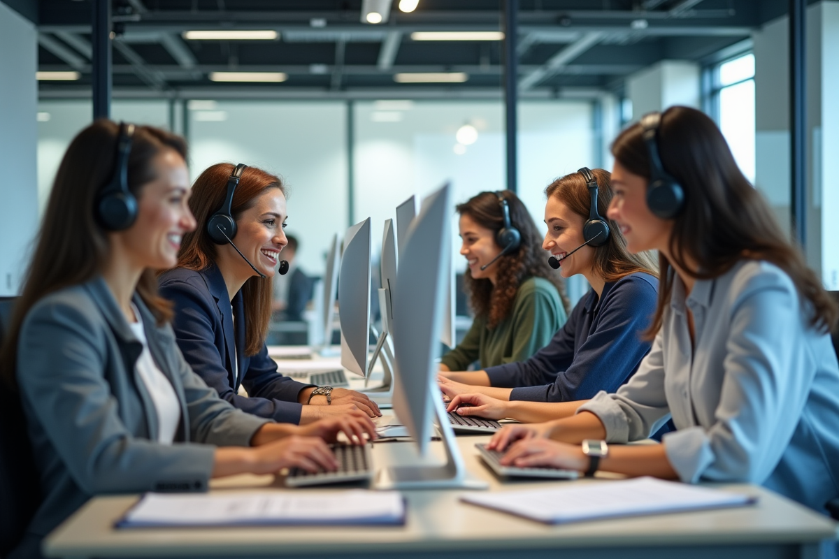 Groupe divers de conseillers client au bureau lumineux