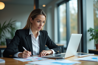 Femme d'affaires analysant des graphiques marketing colorés