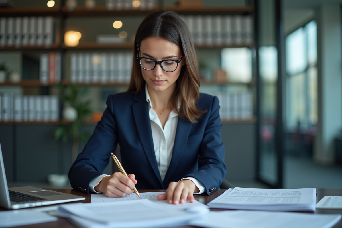 Femme d'affaires en costume bleu examine des documents réglementaires