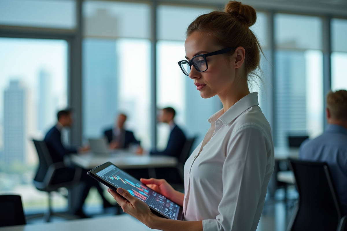 Femme d'affaires analysant des graphiques financiers sur une tablette