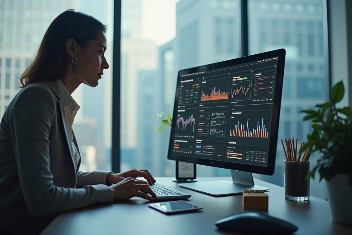 Femme d'affaires regardant des graphiques de reputation