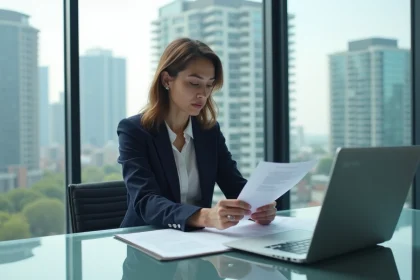Femme d'affaires en blazer navy dans un bureau moderne