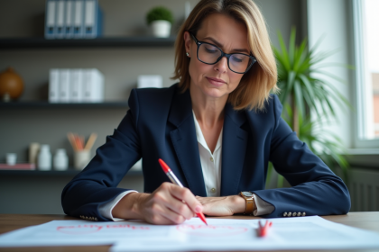 Femme d'affaires fran&ccedil;aise en costume navy examine un document