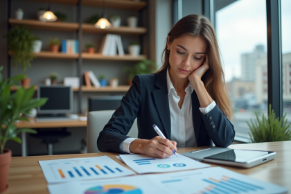 Femme analysant des graphiques marketing dans un bureau professionnel