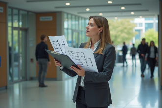 Femme d affaires examinant des plans dans un bâtiment public