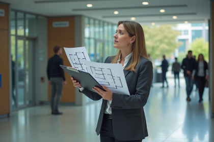 Femme d affaires examinant des plans dans un bâtiment public