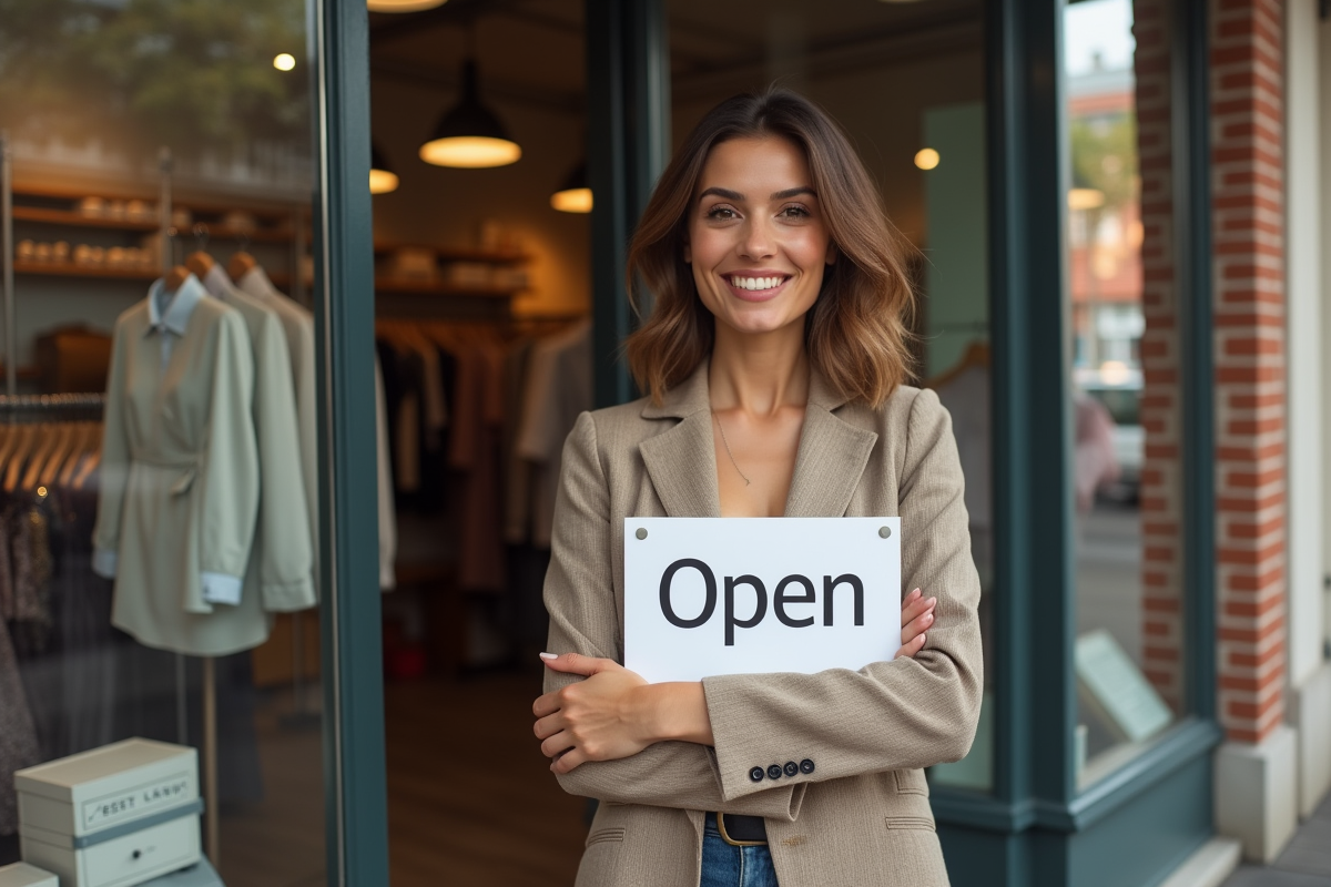 Femme confiante devant une boutique avec panneau ouvert