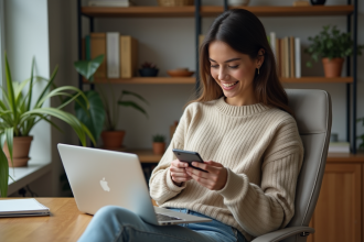 Jeune femme au bureau à domicile avec ordinateur et smartphone