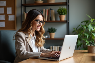 Femme travaillant sur son ordinateur dans un bureau cosy