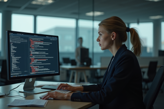 Femme d affaires inquiète devant son ordinateur au bureau