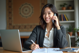 Jeune femme au bureau parlant au smartphone