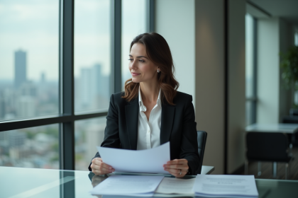 Femme d'affaires confiante en réunion dans un bureau moderne