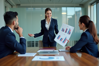 Femme confiante en costume présente des graphiques marketing