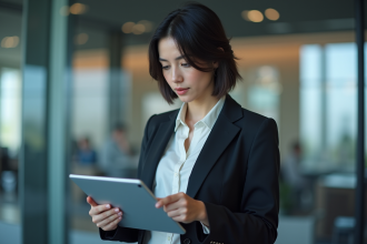 Femme en business studying données sur tablette