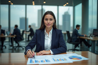 Femme confiante analysant des graphiques financiers dans un bureau moderne